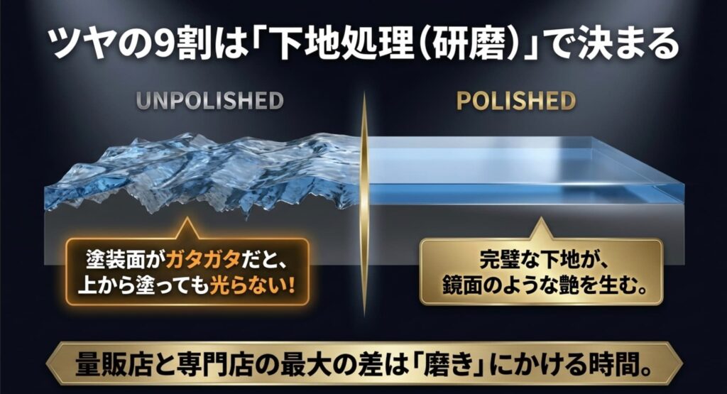 最大の原因はコーティング前の下地処理（研磨）の差