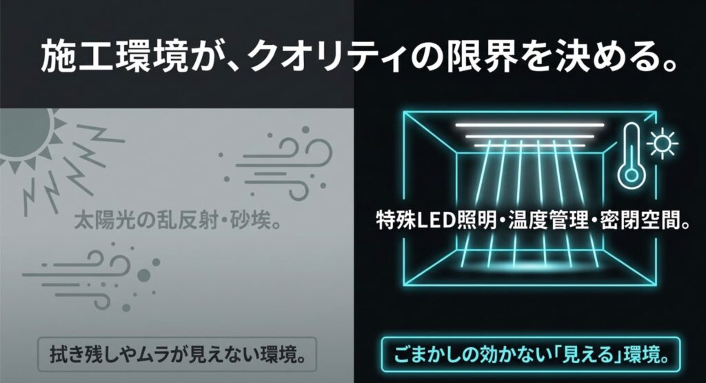 拭き残しやツヤ不足が起きる施工環境（屋外・半屋外）のリスク
